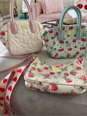 Lot of 3 Small Betsey Johnson Pink & Cream Strawberry 🍓 and Cherry Bags 🍒